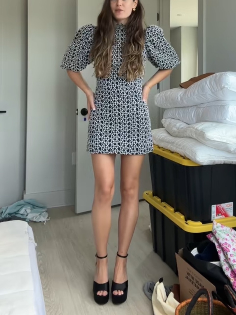 Acler Navy & White Puff Sleeve Mini Dress